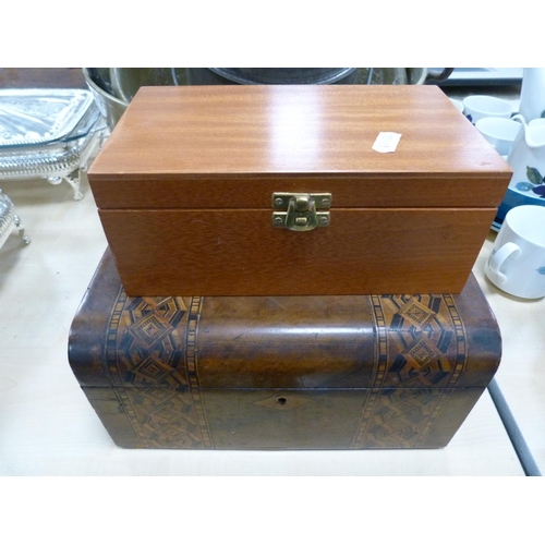 137 - Walnut inlaid box and another, jelly pans and tin.