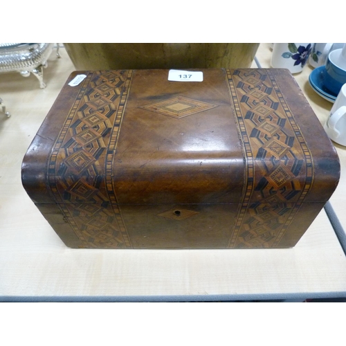 137 - Walnut inlaid box and another, jelly pans and tin.