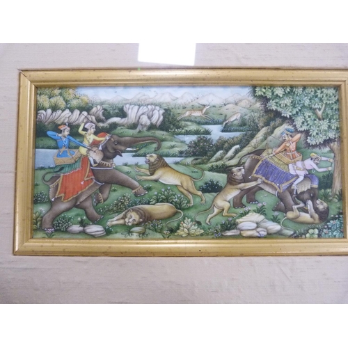 146 - Four Indian pictures depicting hunting scenes and others.