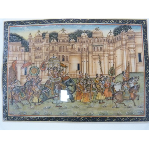 146 - Four Indian pictures depicting hunting scenes and others.