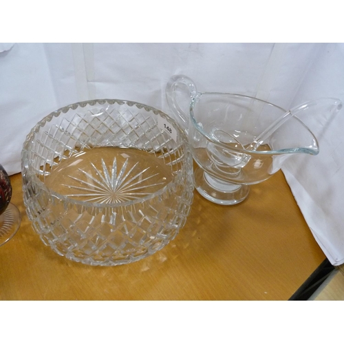 148 - Crystal bowls, punch jug, Murano style basket.