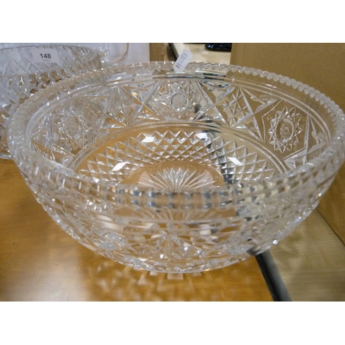 148 - Crystal bowls, punch jug, Murano style basket.