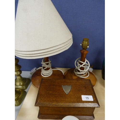 15 - Oak cigarette box and two treen table lamps.