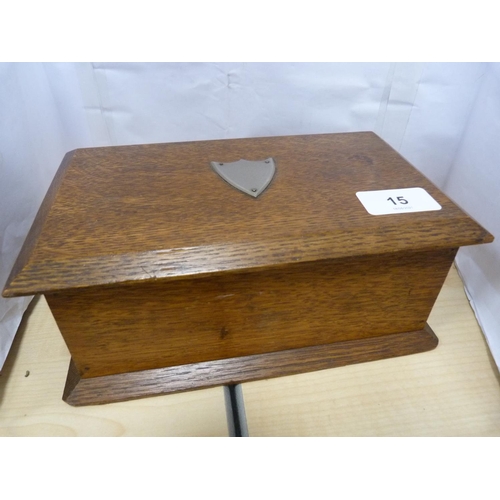 15 - Oak cigarette box and two treen table lamps.