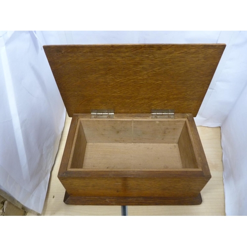 15 - Oak cigarette box and two treen table lamps.