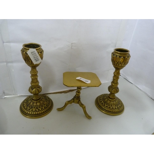 16 - Pair of brass candlesticks, pair of squat candlesticks, nutcrackers etc.