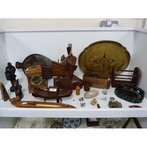 166 - Pair of vintage spurs, carved treen mantel clock etc.