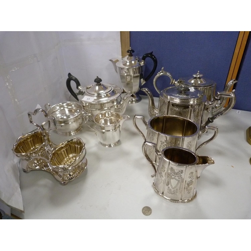 17 - Plated four-piece tea set, three-piece tea set, another teapot and a sugar and cream set.