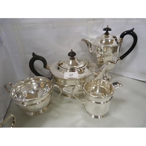 17 - Plated four-piece tea set, three-piece tea set, another teapot and a sugar and cream set.