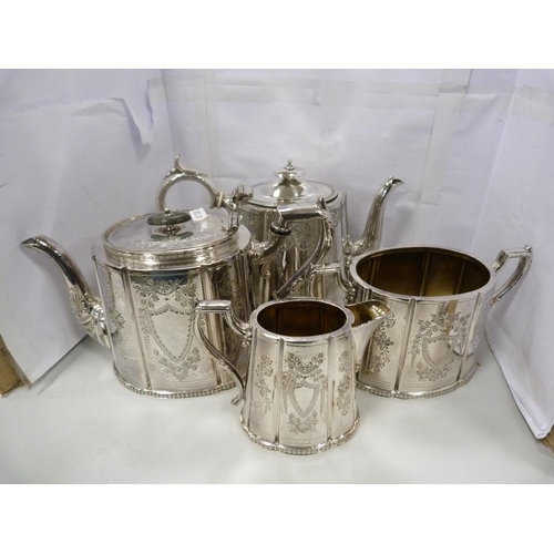 17 - Plated four-piece tea set, three-piece tea set, another teapot and a sugar and cream set.