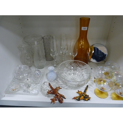 170 - Champagne flutes, glass dressing set, glasses, bowls etc.