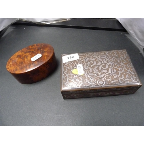 182 - Thuya wood oval box and a copper and white metal cigarette box decorated with scrolling floral leave... 