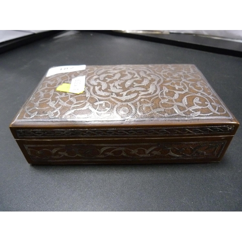 182 - Thuya wood oval box and a copper and white metal cigarette box decorated with scrolling floral leave... 