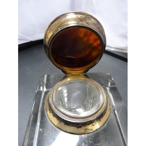 184 - Birmingham silver-collared glass desk inkwell with tortoiseshell cap.