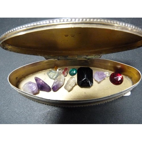 185 - Sheffield silver and enamelled pin box enclosing semi-precious stones.