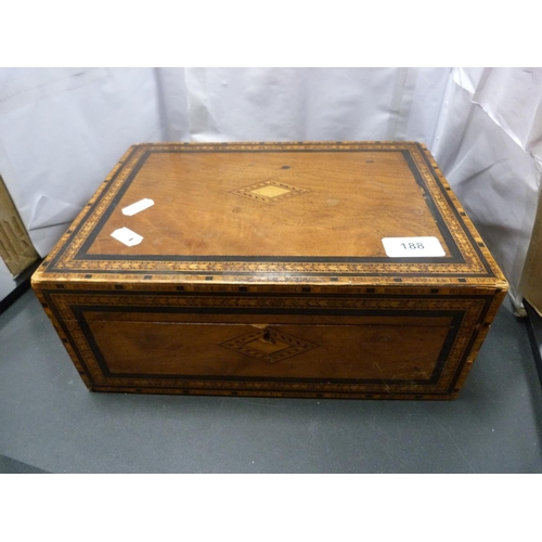 188 - Inlaid box containing assorted costume jewellery including brooches, earrings, bangles etc.