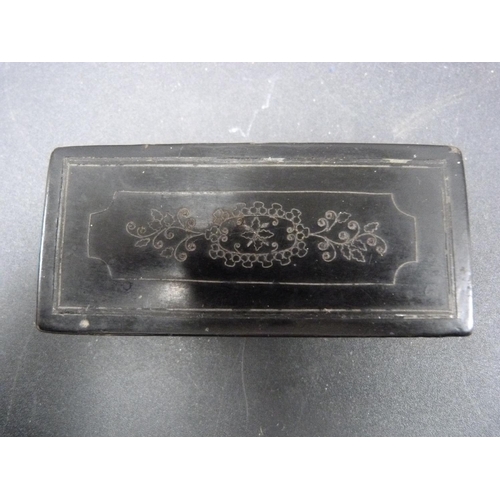 193 - Ebonised and wire inlaid 19th century snuff box.