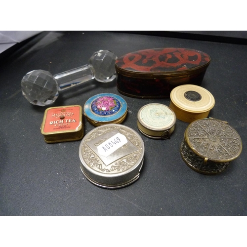 198 - Travel cup, pin boxes, vintage measuring tape, brooches etc.