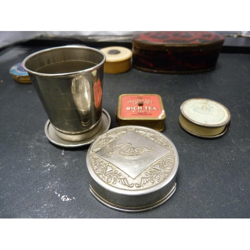 198 - Travel cup, pin boxes, vintage measuring tape, brooches etc.