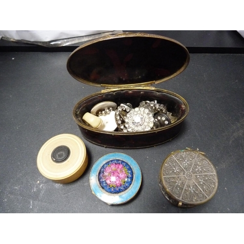 198 - Travel cup, pin boxes, vintage measuring tape, brooches etc.