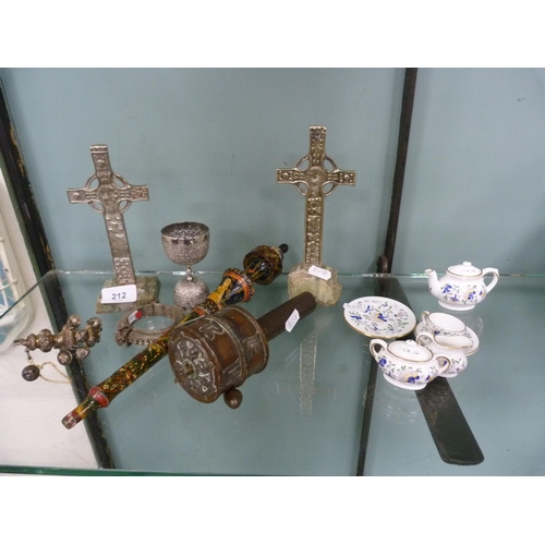 212 - Tibetan prayer wheel, child's rattle, measure, two crucifix, Coalport miniature tea set.