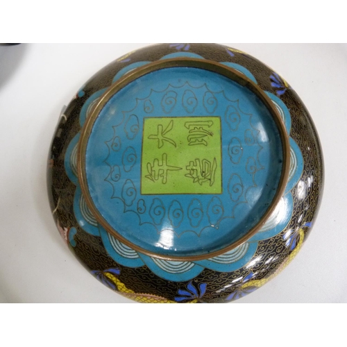 24 - Cloisonné bowl depicting dragons, on stand.