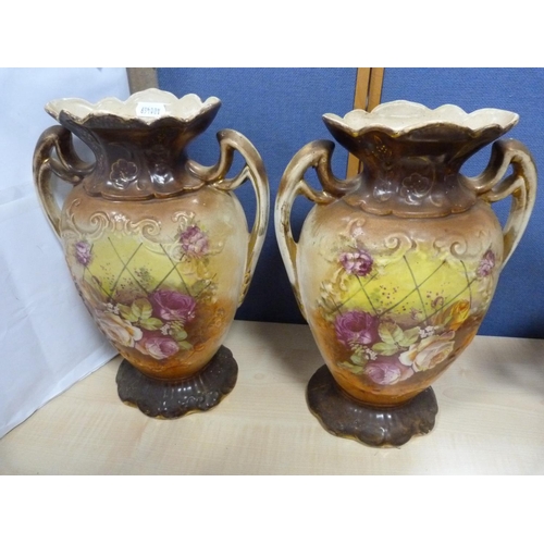 3 - Two pairs of transfer printed twin-handled vases.  (4)