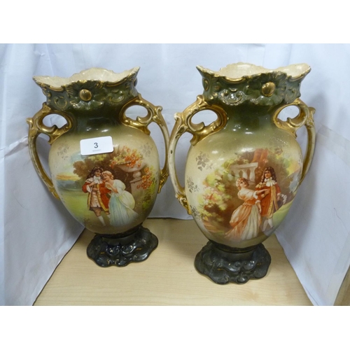 3 - Two pairs of transfer printed twin-handled vases.  (4)