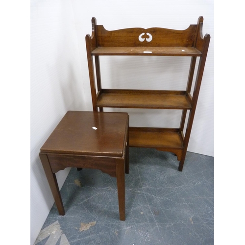 360 - Square mahogany occasional table and an oak open bookcase.