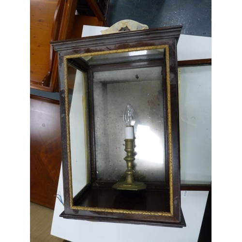 363 - Small glazed wall cabinet and a brass candlestick lamp.