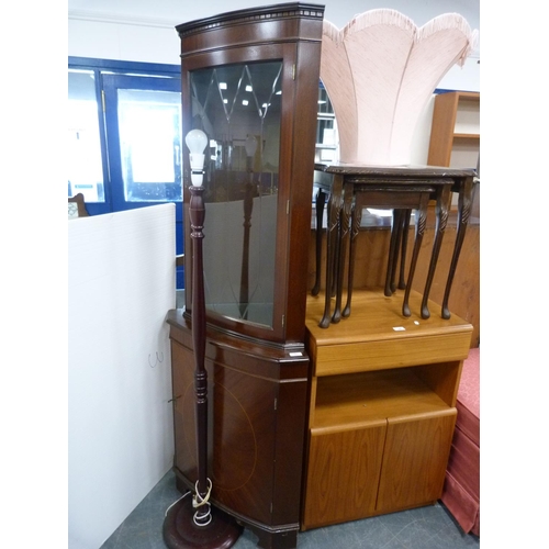 382 - Standard lamp and shade, corner cupboard, nest of tables and a teak unit.