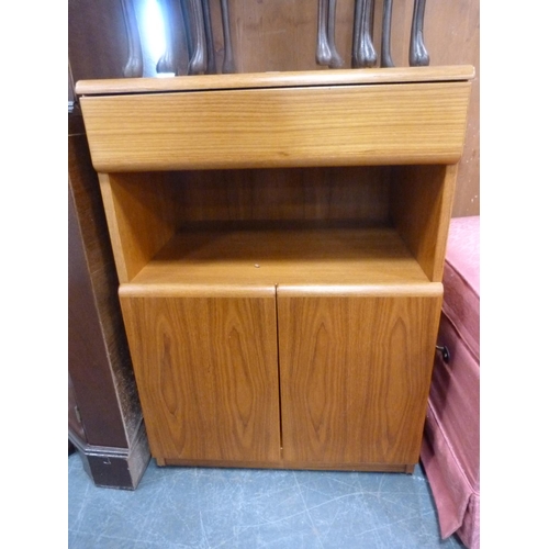 382 - Standard lamp and shade, corner cupboard, nest of tables and a teak unit.