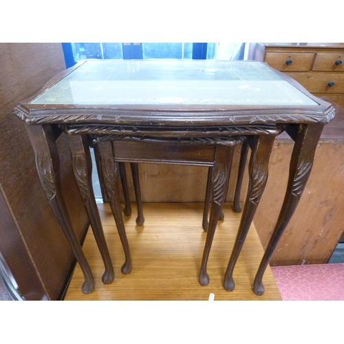 382 - Standard lamp and shade, corner cupboard, nest of tables and a teak unit.