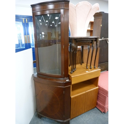 382 - Standard lamp and shade, corner cupboard, nest of tables and a teak unit.