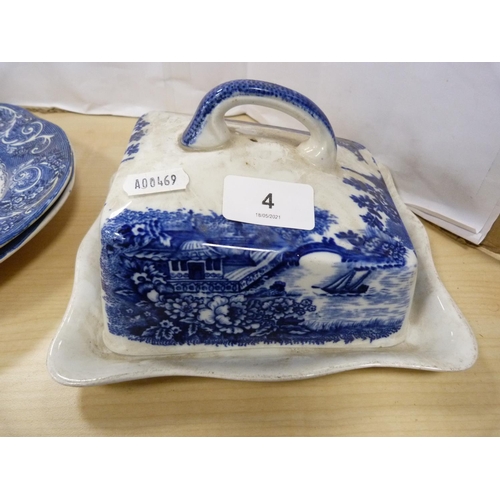 4 - Blue and white butter dish and other dishes.