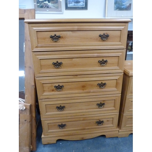 401 - Bedroom furniture comprising chest of drawers, two bedside chests, dressing table and stool.