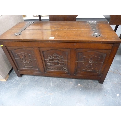 405 - Mahogany hinged lid box with three panels to the front depicting HMS Mars ship, anchor etc.