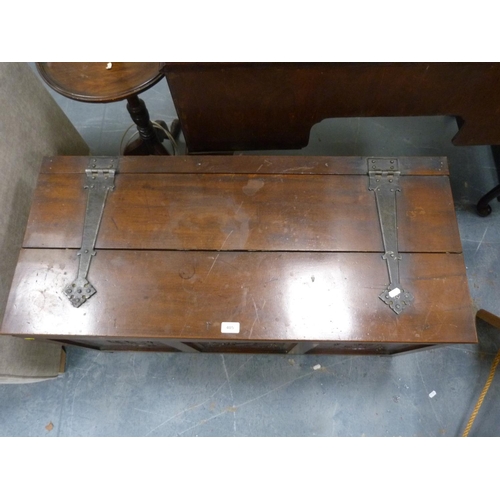 405 - Mahogany hinged lid box with three panels to the front depicting HMS Mars ship, anchor etc.