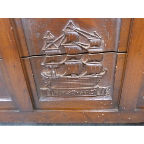 405 - Mahogany hinged lid box with three panels to the front depicting HMS Mars ship, anchor etc.