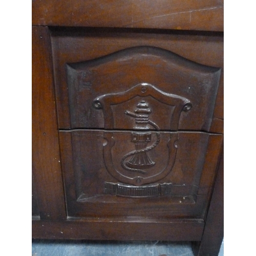 405 - Mahogany hinged lid box with three panels to the front depicting HMS Mars ship, anchor etc.