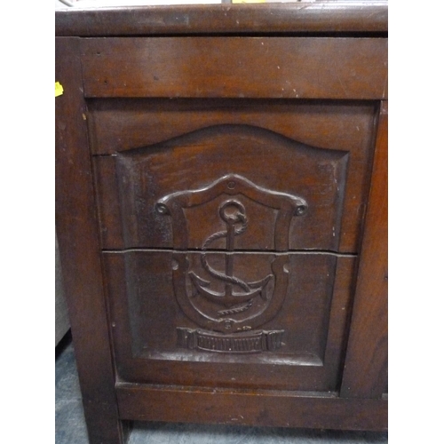 405 - Mahogany hinged lid box with three panels to the front depicting HMS Mars ship, anchor etc.