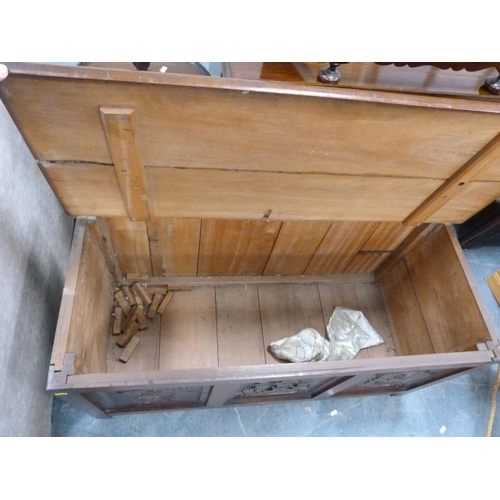 405 - Mahogany hinged lid box with three panels to the front depicting HMS Mars ship, anchor etc.