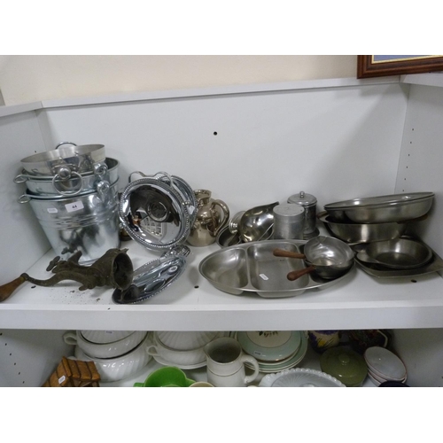 44 - Assorted metalware including serving dishes, trays, ice buckets, mincing machine etc.