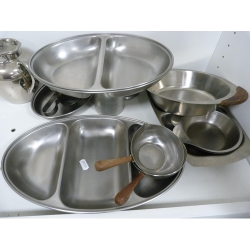 44 - Assorted metalware including serving dishes, trays, ice buckets, mincing machine etc.