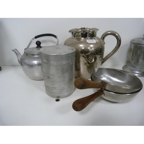 44 - Assorted metalware including serving dishes, trays, ice buckets, mincing machine etc.