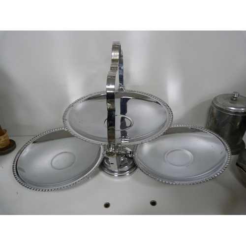 44 - Assorted metalware including serving dishes, trays, ice buckets, mincing machine etc.