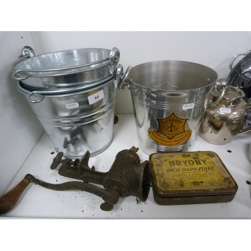 44 - Assorted metalware including serving dishes, trays, ice buckets, mincing machine etc.