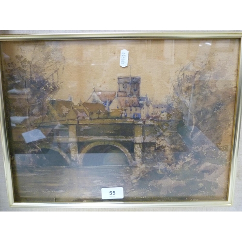 55 - RICHARD W WEST, coastal scene, watercolour, another of a river scene, and a charcoal portrait. ... 