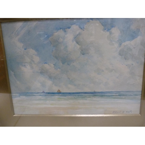 55 - RICHARD W WEST, coastal scene, watercolour, another of a river scene, and a charcoal portrait. ... 