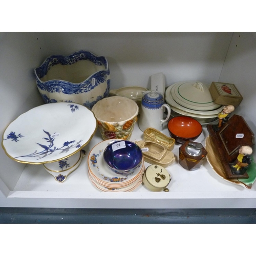 62 - Assorted ceramics including vases, desk stand flanked by two figures etc.